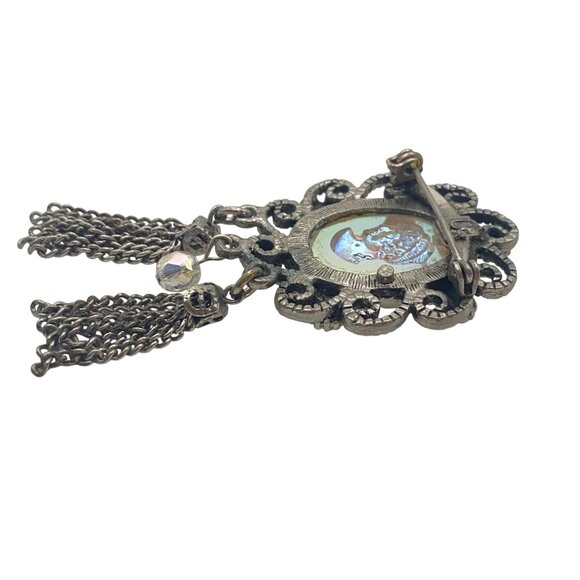 Iridescent Glass Cameo Brooch Intaglio Tassel Dangle Silver Tone Filigree AB Pin - Picture 9 of 13